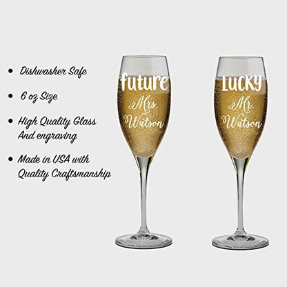 Engraved Set of 2 Glasses, Future Mrs and Lucky Mr. engraved Customized Wedding Toast, Champagne Flute Set, Wedding Toasting Glasses - color: Wedding-14, style: Only Glasses