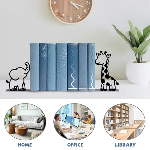 Metal Bookends Giraffe Elephant Bookends Decorative Cute Animals Book Ends for Shelves Bookshelf Reading Decor Space-Saving Desk Organizer for Bedroom Home Nursery - style: Giraffe Elephant