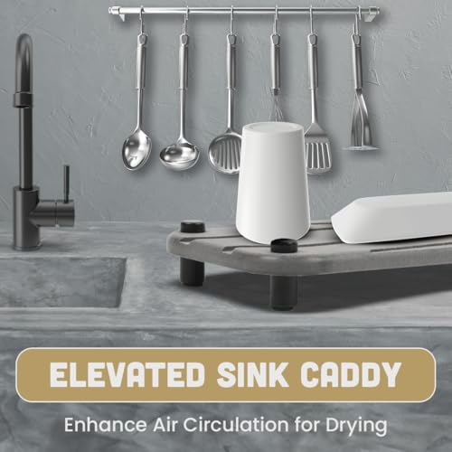 2pc Diatomite Stone Drying Tray, Gray w Blk & Silver Feet | Sink Caddy, Kitchen Sink Organizer, Water Absorbing Bathroom Counter, Absorbent Kitchen Soap Tray - color: Gray