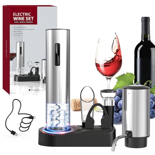 CIRCLE JOY 6-in-1 Electric Wine Opener Set Rechargeable Stainless Steel Wine Opener Gift Set with Foil Cutter, Rechargeable & Manual Wine Aerator Pourers, Vacuum Wine Stopper and Storage Base, Silver - color: 6-in-1 Silver