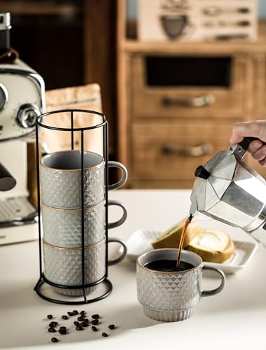 Gomakren Stackable Coffee Mugs Set of 4 Coffee Cups with Stand, Light Gray | 13oz Ceramic Embossed Grid Mugs, Black Metal Storage Rack, Lead-Free Dishwasher Safe, with Gold Spoons for Home Coffee Bar - color: Light Gray