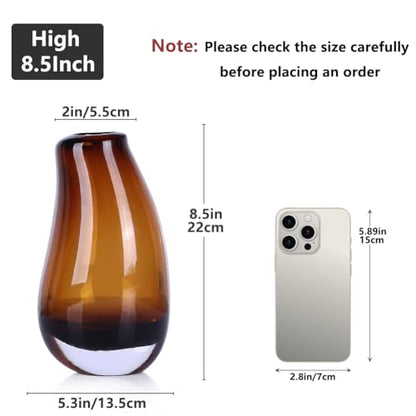 Amber Glass Vase, Hand Blown Brown Glass Vase 8.5in, Amber Flower Vase for Pampas Grass & Fresh Flowers, Brown Vases for Centerpieces, Modern Flower Vases Home Decor