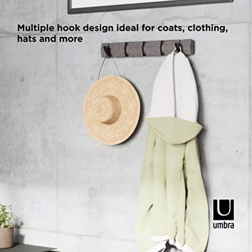 Umbra Flip Coat Rack, Wall Mounted 5-Hook Space Saving, Driftwood/Nickel | Real wood and steel build, retractable hooks fold flat, holds coats bags and scarves, easy install - color: Driftwood/Nickel, size: 5-Hook