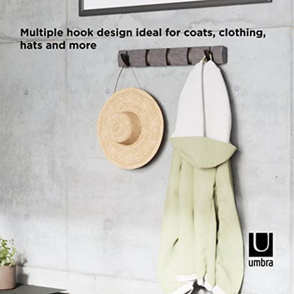 Umbra Flip Coat Rack, Wall Mounted 5-Hook Space Saving, Driftwood/Nickel | Real wood and steel build, retractable hooks fold flat, holds coats bags and scarves, easy install - color: Driftwood/Nickel, size: 5-Hook