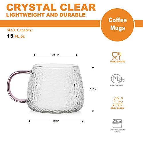 LUXU Hammered Tea Cups,Glass Coffee Mugs,15 oz,Set of 6 | Different Color Handles,Prefect for Cappuccino,Latte,Water,Mocha,Milk,Widely Used for Cafes,Home and Office ﻿ - style: 15 oz Hammered tea cups