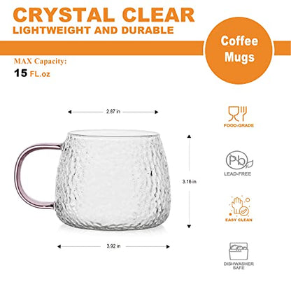 LUXU Hammered Tea Cups,Glass Coffee Mugs,15 oz,Set of 6 | Different Color Handles,Prefect for Cappuccino,Latte,Water,Mocha,Milk,Widely Used for Cafes,Home and Office ﻿ - style: 15 oz Hammered tea cups