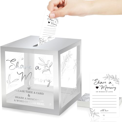 Pajean 50 Pcs Greenery Share a Memory Card for Celebration of Life Cards Box with Clear Windows Memory Box for Funeral Wedding Birthday Graduation Bridal Shower Guest Card Ideas(Clear,Sliver) - color: Sliver