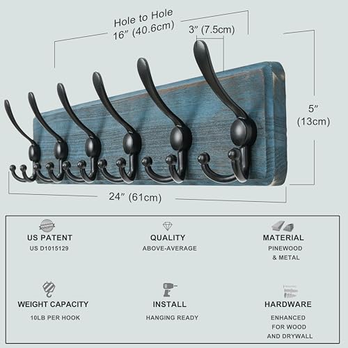 Coat Rack Wall Mounted - 24" Long 6 Tri Hooks, Heavy Duty Wooden Wall Coat Hanger Coat Hook for Clothes Hat Jacket Clothing, Weathered Blue and Black - color: Weathered Blue & Black, size: L=24"