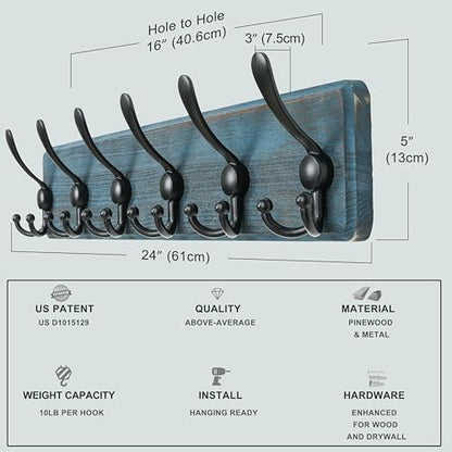 Coat Rack Wall Mounted - 24" Long 6 Tri Hooks, Heavy Duty Wooden Wall Coat Hanger Coat Hook for Clothes Hat Jacket Clothing, Weathered Blue and Black - color: Weathered Blue & Black, size: L=24"