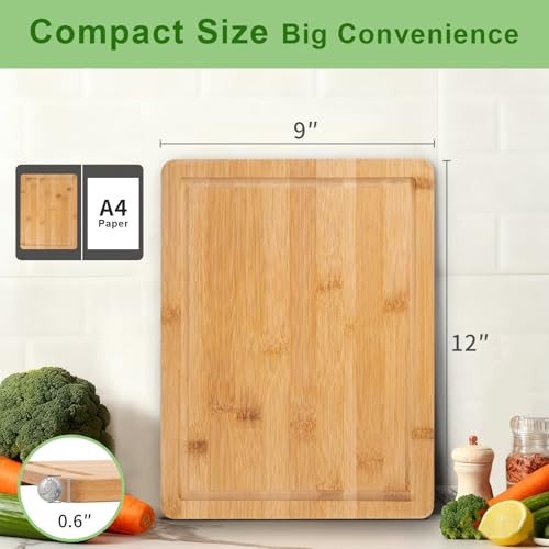 Bamboo Cutting Board, Wood Chopping Board with Juice Groove and Handle, 12×9 Inch Lightweight Kitchen Cutting Board for Fruit, Vegetables, Bread, Cheese, Snacks, Meat, BBQ, and Serving - color: Natural Bamboo, size: Medium | 11.8''L x 9''W x 0.6''T