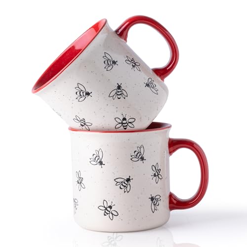 AmorArc 22 OZ Large Ceramic Coffee Mugs, Oversized Soup Cups With Big Handle for Men Women Dad Mom, Big Mug With Textured Bees Patterns for Office & Home -Microwave Safe, 2 Pcs-Red - color: Red-Bees