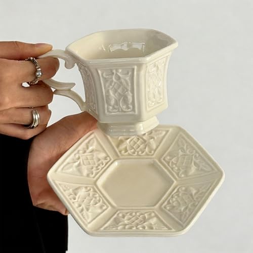 KAMMAK Tea Cups and Saucers Set of 2, 6 oz Porcelain Coffee Cups, SY003 | Stackable Espresso Mugs, Ceramic Demitasse for Coffee, Cappuccino, Latte, Americano, Tea - size: 8CZSY003
