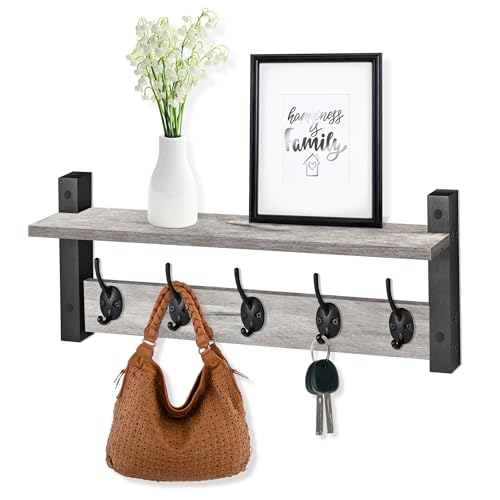 Sorbus Coat Hooks Wall Mount with Shelf – 24 Inch Coat Rack Wall Mount with 5 Heavy Duty Hooks – Floating Wall Shelf with Hooks for Entryway, Bathroom, Bedroom, Kitchen, or Mudroom (Gray) - color: Gray, size: 24 Inch