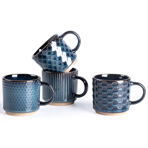 GBhome 6 OZ Stackable Coffee Mugs Set of 4, Ceramic Coffee Cups Set | 4 Assorted Designs, Embossed Mugs with Texture Patterns for Espresso/Tea, Dishwasher&Microwave Safe, Deep Sea - color: Deep Sea, size: 6 Ounces