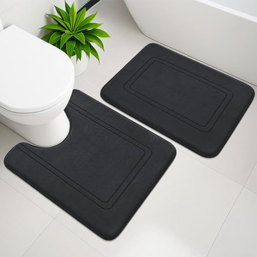 Memory Foam Bath Mat Set, Bathroom Rugs Sets 2 Pieces, Non Slip Bath Mats for Bathroom, Super Soft and Water Absorbent Bath Rug Set, Machine Washable U Shape Toilet Rug,Black - color: Black, size: 2pieces
