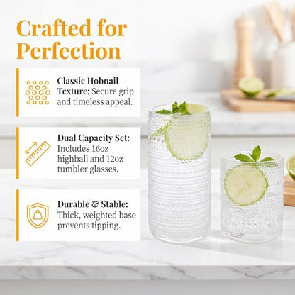 Vintage Hobnail Drinking Glasses Set of 8, Clear Glass 12oz & 16oz Highball Cups, Embossed Water Tumbler for Beer, Cocktail, Whiskey, Juice