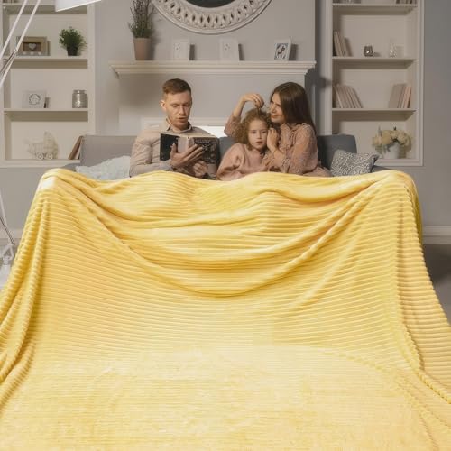 Bnuitland Light Yellow Fleece Throw Blanket 90"x108",300GSM Large Big Soft Cozy Warm Lightweight Stripe Pattern for Bed Sofa Home Decor,Suitable for Adults Family All Season - color: Light Yellow, size: 90x108 Inch
