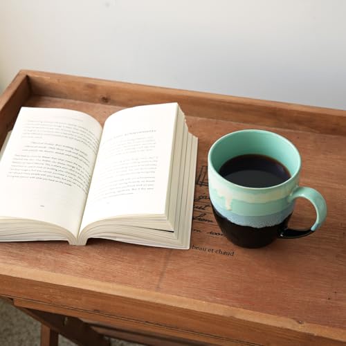 Bosmarlin Ceramic Coffee Mug Set of 4, 17 Oz, Coffee Cups with Big Handle, Microwave Safe, Unique Reactive Glaze(17 Oz, Pastel Blue) - color: Mint Drip