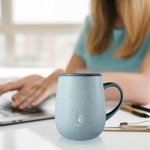 Ideus 16 oz Insulated Coffee Mug with Handle and Lid, Double Wall Stainless Steel Vacuum Thermal Coffee Mug, Travel Coffee Cup Thermal Cup for Home and Office (Eggshell Blue, FUJI DAWN) - color: Eggshell Blue