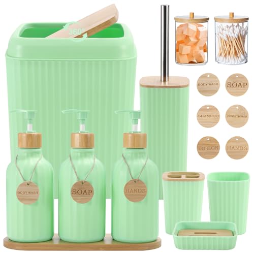 XLHOMO Green Bathroom Accessories Set 17PCS Bathroom Set with Trash Can 3PCS Lotion Soap Dispenser, Toothbrush Holder, 6PCS Wood Tags Bath Accessories with Tray for Kitchen Bathroom - size: Bath Set, style: Green