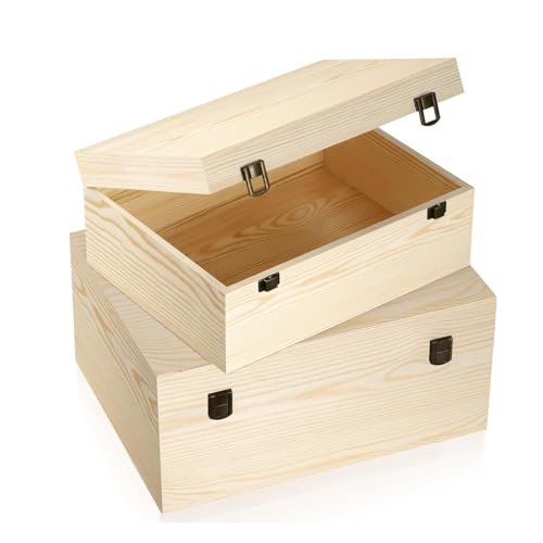 Large Unfinished Wooden Box 2 Pack Hinged Lid Pine Wood | 14x10.4x6.5/12x9x4.9 Inch, Storage Chests, Unpainted Crafts Organizer, 2 Sizes Boxes, For DIY Arts Gifts Jewelry Keepsake