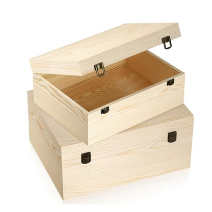 Large Unfinished Wooden Box 2 Pack Hinged Lid Pine Wood | 14x10.4x6.5/12x9x4.9 Inch, Storage Chests, Unpainted Crafts Organizer, 2 Sizes Boxes, For DIY Arts Gifts Jewelry Keepsake