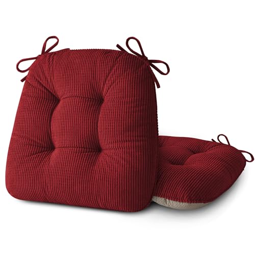 ELFJOY Dining Chair Cushions Set of 2 Non Slip 18"X18"X3" Red | Thick,Textured Fabric, with Ties, Tufted, Large, for Kitchen, Dining Room, Indoor, Bedroom, Living Room, Office, Comfortable - color: Red
