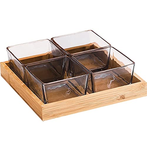 4 Compartment Glass Fruit Bowl with Wooden Tray Creative Snack Serving Tray Divided Serving Platter Reusable Ice Cream Cups Removable Salad Bowls for Snack Candy Nuts Desserts Smoky Gray - color: Smoky Gray, size: 4 Compartment