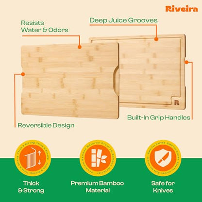 Riveira Bamboo Grandeur: 18 x 12 Bamboo Cutting Board Natural Wooden Cutting Board With Innovative Juice Grooves - size: 18"L x 12"W