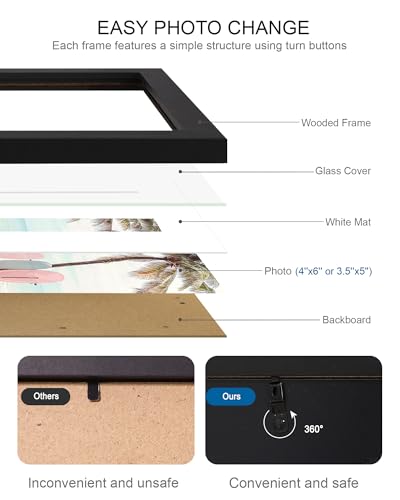 Hongkee 4x6 Picture Frame (4 Pack, Black), Made of Real Glass and Wooden Frame - Display Pictures 3.5x5 with Mat or 4x6 Without Mat, 4 by 6 Photo Frames TableTop Display and Wall Mounting - color: Black, size: 4x6 in