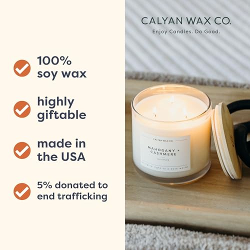 Mahogany & Cashmere 3 Wick Scented Candle - 43 Hour Burn | Made in the USA Luxury Clean Soy Wax Candles - Long Lasting Large Glass Jar Candle for Home - 3 Wicks - 14.9oz - color: Mahagony + Cashmere