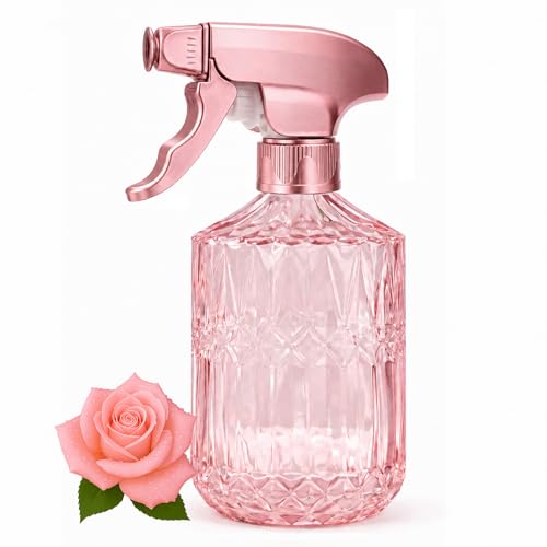 Glass Plant Mister Spray Bottle 450ml, 15oz Vintage Pink Decorative Plant Sprayer with Fine Mist Trigger, Refillable Glass Spray Bottle for Indoor Plants, Hair, Cleaning & Home Decor(Pink)
