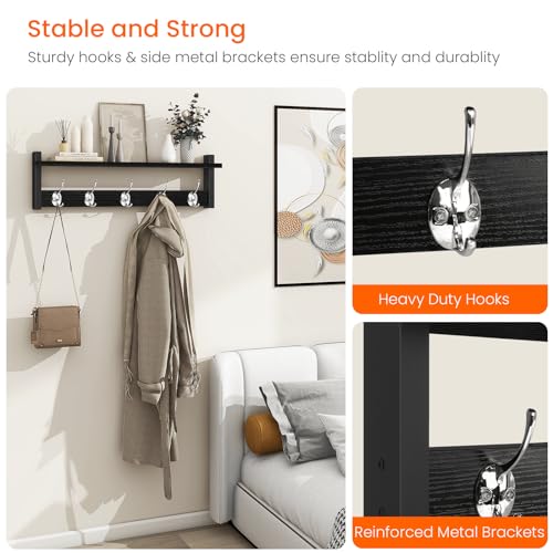 Coat Rack Wall Mount with Shelf, 24" Long Entryway Shelf with Hooks Underneath, Wooden Coat Hanger for Hanging Hats, Bathroom Towels, Clothes, Black - color: Black, size: 24 Inch Long