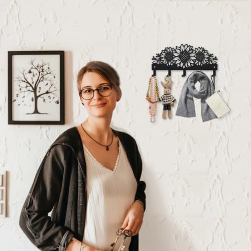 MAYJOYDIY Sunflower Metal Key Hook Flowers Leaves Coat Rack Wall Mounted 9.8×4.7inch Sunflower Plant Black Art Wall Decor Key Holder with 5 Hooks for Gift Coats Hats Towels Bags Hanging - style: Sunflower