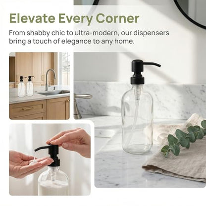 4 Pack Glass Soap Dispenser with Matte Black Stainless Steel Pump, 16 Oz Clear Boston Round Bottles Bathroom Kitchen Soap Dispenser for Essential Oil, Dish Soap, Hand Soap, Lotion Soap