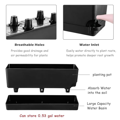Self Watering Pots for Indoor Plants 17 Inches Window Boxes Planters Rectangular Flower Pots Rectangle Herb Pots Large Plant Pots with Drainage Holes and Saucers Windowsill Planter (2, Black) - color: Black
