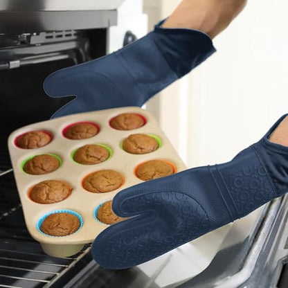 BPA-Free Soft Silicone Oven Mitts - Ultra Heat Resistant Oven Mitts with Thick Cotton Liner - Extra Long Slip Resistant Pot Holders, Flexible Oven Gloves - Navy 14.7" - color: Navy Blue, size: 2-Piece 14.7" Oven Mitts