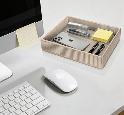 SITHON Valet Tray Desk Organizer PU Leather Catchall | Bedside Vanity Tray Nightstand Caddy Coin Box Key Jewelry Storage Organizer, Graduation, Stripe Latte - color: Stripe Latte