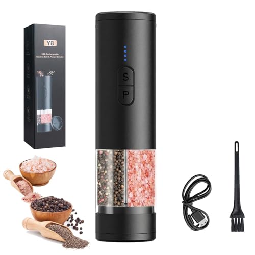 Electric Salt and Pepper Grinder Set, 2-in-1 Electric Salt and Pepper Grinder Set, USB-Rechargeable, Refillable Automatic Salt and Pepper Mill Shaker with LED Light, Kitchen Gift, Black