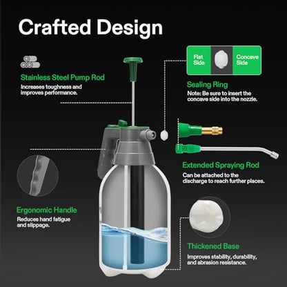 VIVOSUN 2L Pump Sprayer, 68oz Water Spray Bottle with Safety Valve | Handheld Garden Sprayer, Adjustable Nozzle, Extended Spray Rod & Additional Seals, Ideal for Watering, Fertilizing, Cleaning - size: 68 ounce