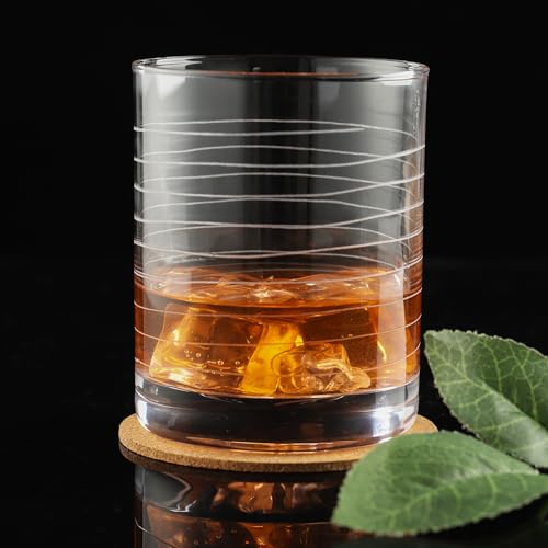 Joeyan Hand Blown Etched Whiskey Glasses,Old Fashioned Tumblers with Stripes Dots Pattern,Clear Carved Rocks Glasses,Scotch Bourbon Glassware for Party Anniversary,13.5 oz,Set of 4,Dishwasher Safe - color: Etched Dots Swirls Strips Patterned Whiskey Glass