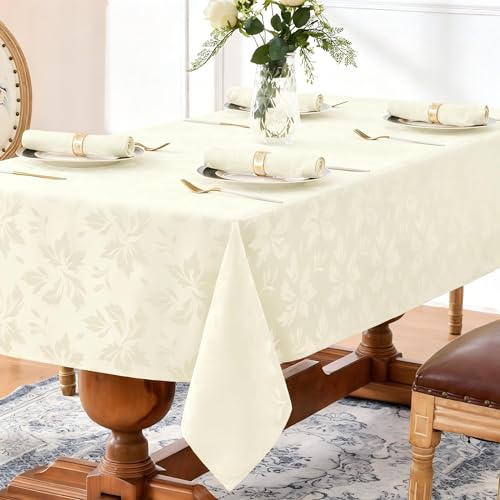 Romanstile Jacquard Rectangle Tablecloth - Waterproof Damask Floral Pattern Decorative Table Cloths Heavy Weight Fabric Table Covers for Dinner/Parties/Outdoor - 60 x 84 Inch, Ivory - color: Flower - Ivory, size: 60" x 84" (Rectangular)