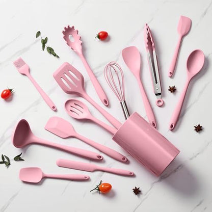 LIANYU 14 Pcs Silicone Cooking Utensils Set with Holder, Pink | Kitchen Utensils Set for Non-Stick Cookware, 446°F Heat Resistant Cooking Tools with Comfort Grip Handle, Dishwasher safe - color: Pink