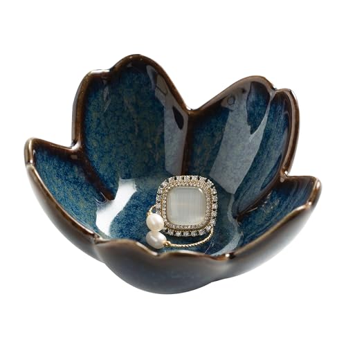 Flower Ring Holder Dish, Ceramic Jewelry Tray, Small Trinket Dish | Jewelry plate bowl works as a cute ring holder dish, adding aesthetic room decor and Christmas birthday gifts for women. - color: blue