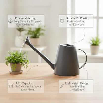 1.8L Long Spout Watering Can for Indoor Plants, Durable PP Plastic Pot Waterer with Precise Flow Control for Home Garden, Balcony & Windowsill - color: Gray