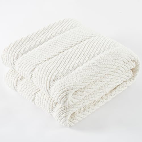 Chunky Chenille Knit Throw Blanket for Couch 60"x80" | Soft Fuzzy knitted Luxurious Decorative Thermal Warm Farmhouse for Bed Sofa Chair Gift White - color: 8-white Herringbone, size: 60"x80"