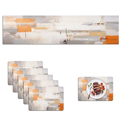Mcalk Orange Table Runner and Placemats Set of 6, Abstract Grey Placemats, Modern Cloth Place Mats Indoor for Kitchen,Washable Linen Material for Dining Table - color: 01orange2