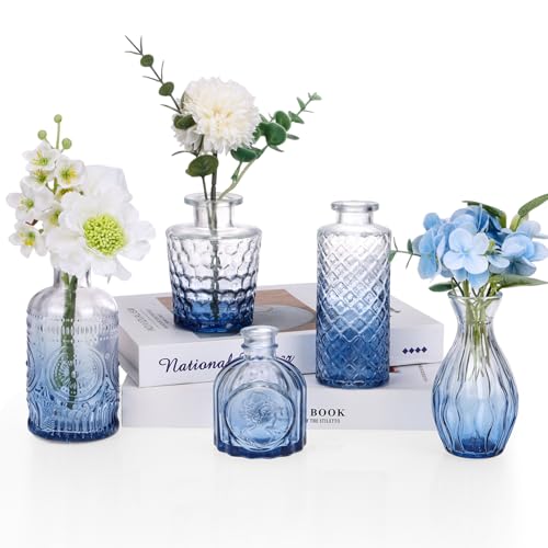 5pcs Blue Glass Bud Vase Set, Small Flower Vases for Centerpieces | Mini Vintage Glass Vase for Centerpieces, Decorative Flower Vases for Wedding Home Table Decor - color: Blue, size: 5pcs