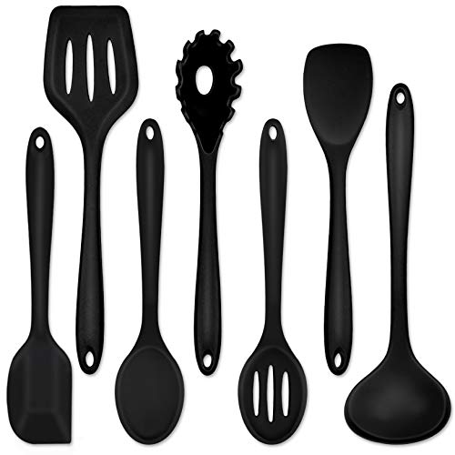 P&P CHEF Black Kitchen Utensils, Silicone Cooking Utensil Set of 7 | Soft Spatula for Nonstick Cookware, Slotted Turner, Soup Ladle, Pasta Server, Spoon for Cooking, Dishwasher Safe & Heat Proof - color: Black