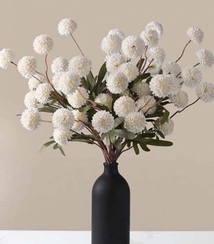 Fake Kiku Flowers, Faux Silk Pompon Mums Artificial Flowers, Chrysanthemum Stems Floral Arrangement Dried Flowers Vintage Decorative Indoor Home Vase Decor White (Vase not Included) - color: 8pcs-white